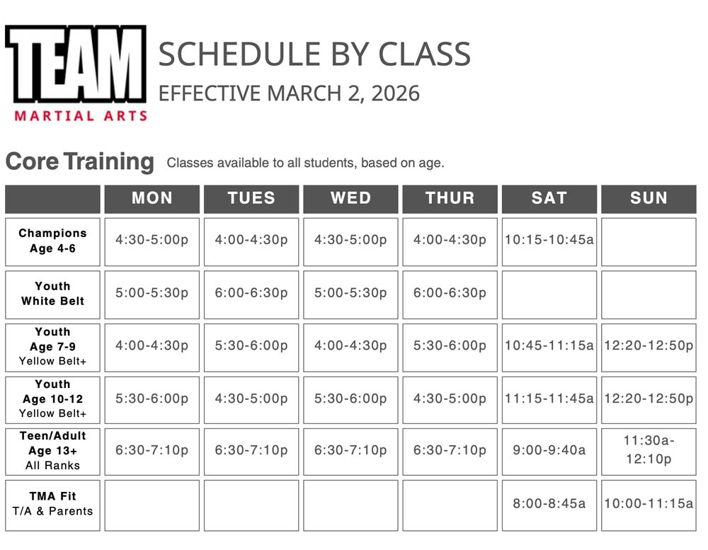 Team martial arts schedule